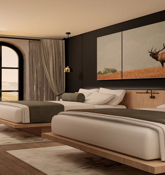 Rendering of Two beds in a modern hotel room with moose painting above