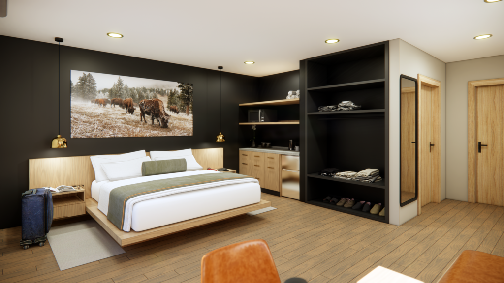 Rendering of Sing beds in a modern hotel room with moose painting above