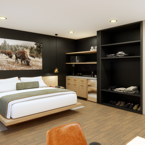 Rendering of Sing beds in a modern hotel room with moose painting above