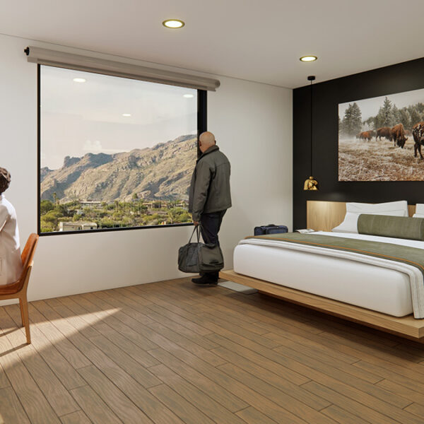 Rendering of Sing beds in a modern hotel room with moose painting above