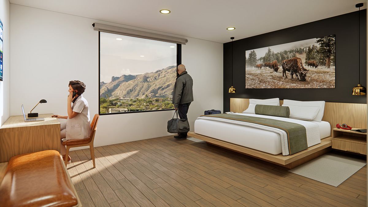 Rendering of Sing beds in a modern hotel room with moose painting above