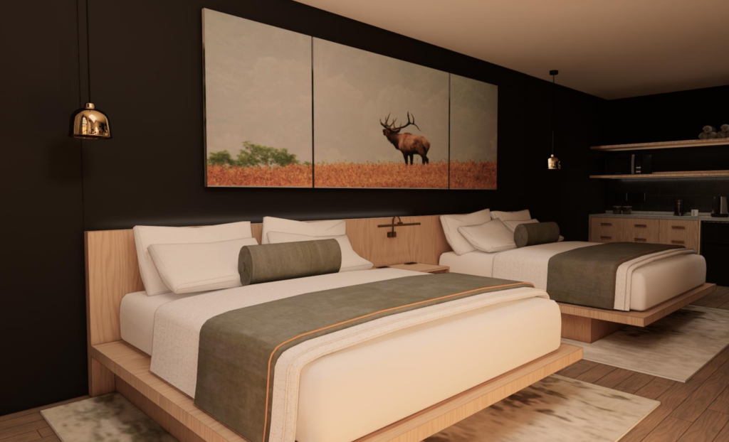 Rendering of Two beds in a modern hotel room with moose painting above