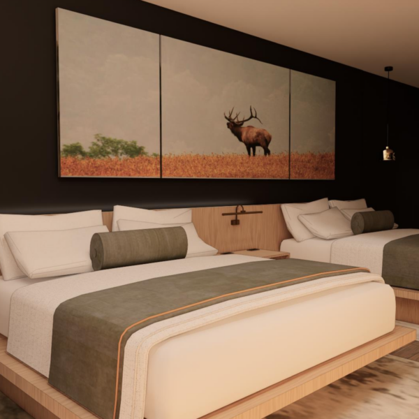 Rendering of Two beds in a modern hotel room with moose painting above