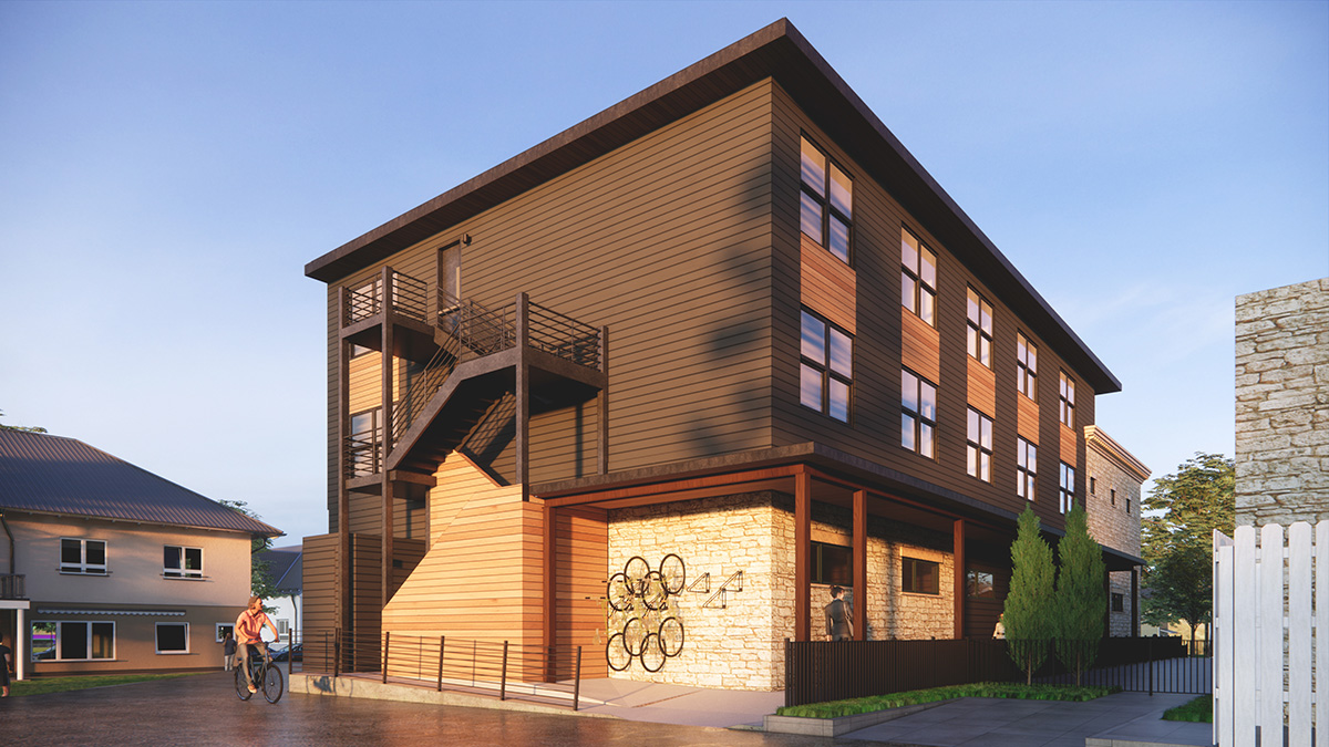 Rendering of Red Hotel with bike rack